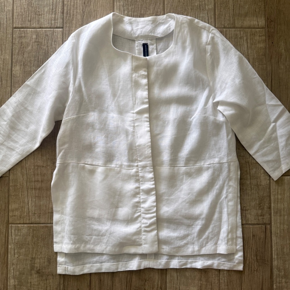 Gershon Bram White Linen Jacket Womens Large Lagenlook Minimalist Hidden‎ Button